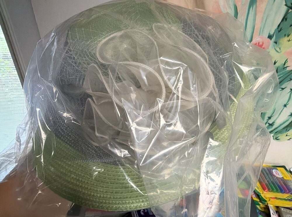Green and Grey Straw Sun Hat with White Flower Accent